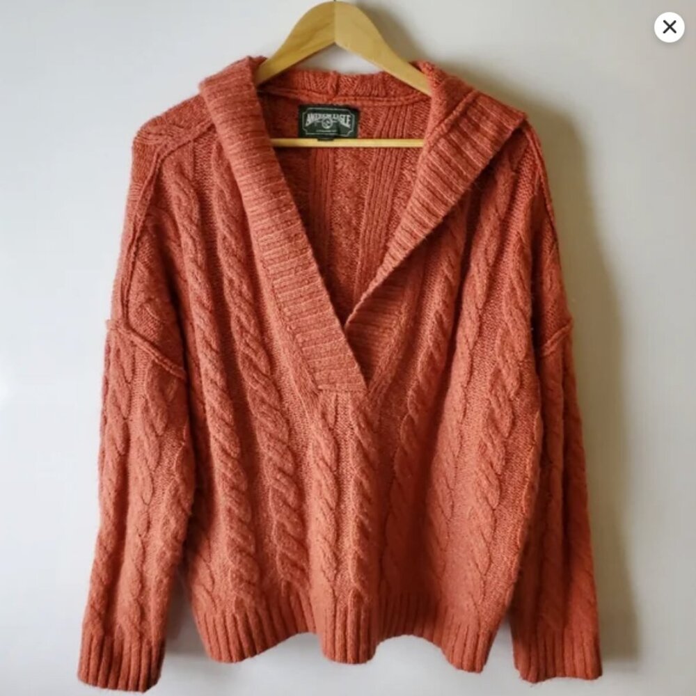 American Eagle Coral V-neck Chunky Knit Hooded Pullover Sweater Women's Large